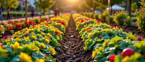 Vibrant Rows of Flowers in a Bright Garden at Sunset with Warm Glow and Lush Greenery Creating a Scenic and Serene Atmosphere