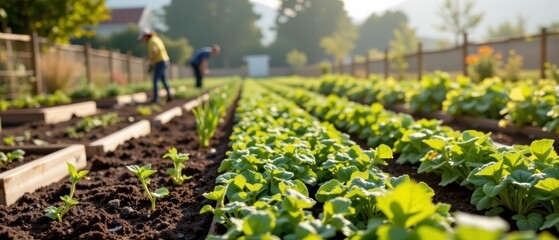 Vibrant Vegetable Garden Under Bright Blue Sky with Two Gardeners Working in Rows of Fresh Green Plants and Soil