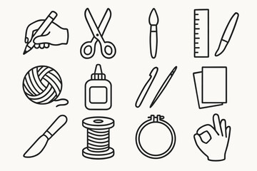 Yarn grid gesture clay icon craft spool brush needle vector ball icons