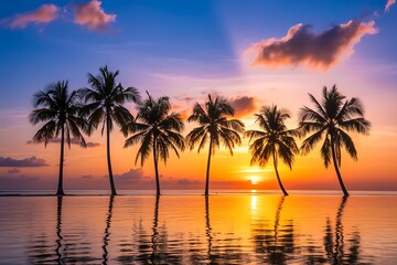 Obraz premium Row of palm trees reflected in still water at sunset with colorful sky and clouds stock (141