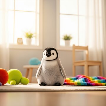 Baby penguin explores playroom with toys