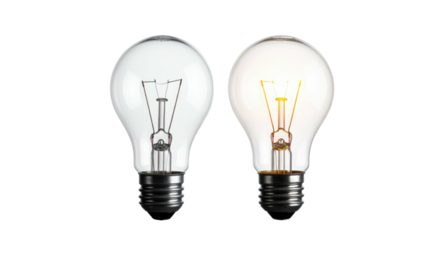 A side-by-side of an off and on lightbulb against a black background showing energy consumption concepts
