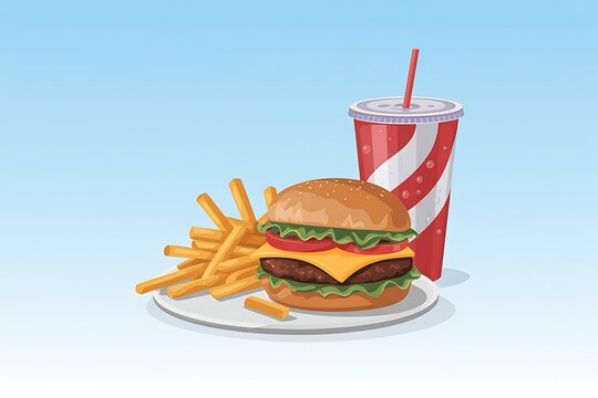 A delicious cartoon hamburger with french fries and a soda on a plate with a blue sky background Keywords: hamburger, cheeseburger, french fries, soda, drink, fast food, meal, food, burger - Powered by Adobe