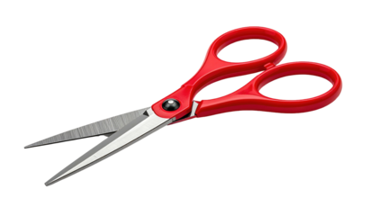 Open red scissors with silver blades against a black background, angled slightly, providing a sharp contrast