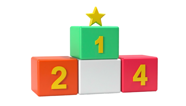 Numbered blocks arranged as a podium with a star on top, showcasing a ranking order against black background