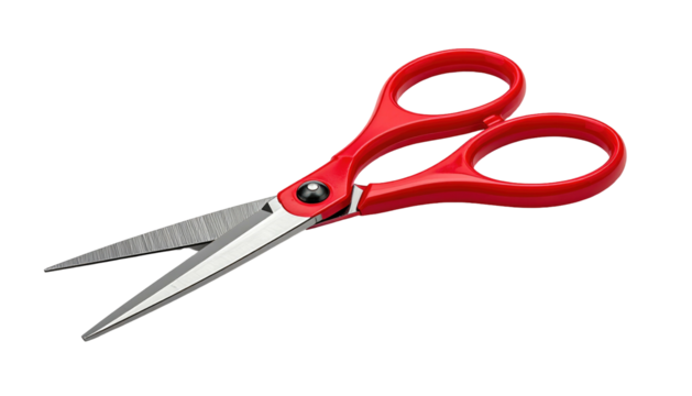 Open red scissors with silver blades against a black background, angled slightly, providing a sharp contrast