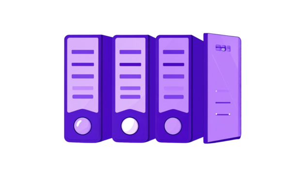 Four vibrant purple ring binders stand vertically in a neat row against a solid black background