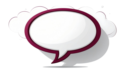 Isolated, blank speech bubble with white clouds and a purple border, giving a layered, modern and digital aesthetic