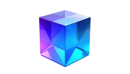 Translucent blue-purple cube with fractured, angular faces and highlighted edges floats against a stark black background
