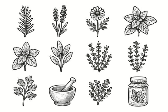 Lavender chamomile collection vector thyme rosemary icon herbal jar pestle mortar