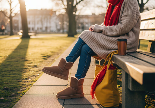 Woman relaxing in sweater and uggs on park bench