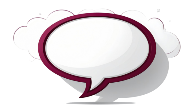 Isolated, blank speech bubble with white clouds and a purple border, giving a layered, modern and digital aesthetic