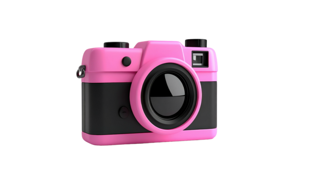 Pink and black retro-style camera with a large lens, isolated on a black background, angled to the right