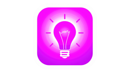Stylized icon featuring a magenta light bulb glowing brightly within a rounded square shape