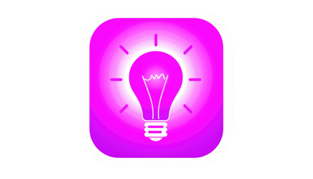 Stylized icon featuring a magenta light bulb glowing brightly within a rounded square shape