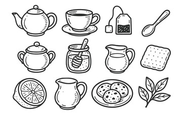 Vector jug teacup milk cookie time plate biscuit icons tea icon teapot