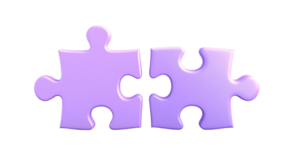 Two light purple puzzle pieces are connected against a stark black background, emphasizing their connection