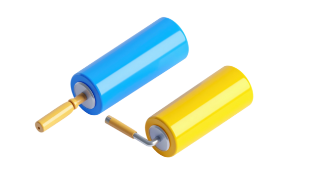 Two colorful paint rollers, blue and yellow, laying flat, isometric, rendering, on a black background with soft shadows