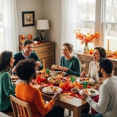 Friends celebrate Thanksgiving dinner at a home gathering