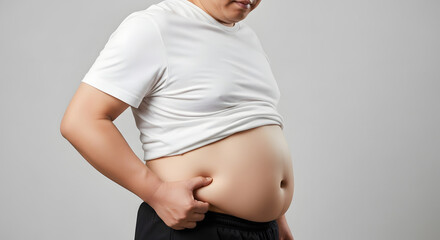 Close-up of overweight man pinching belly fat in studio, Man grabbing stomach showing body fat against gray background, Midsection of heavy-built man in white t-shirt and dark shorts, Body image and 