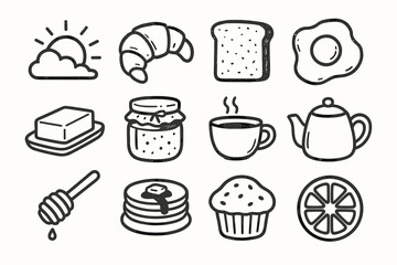 Cozy egg icon jam dipper cup icons slice muffin croissant vector honey