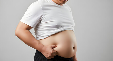 Close-up of overweight man pinching belly fat in studio, Man grabbing stomach showing body fat against gray background, Midsection of heavy-built man in white t-shirt and dark shorts, Body image and 