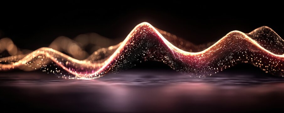 Minimalist neon red wave with sparkling particles against a dark abstract digital background