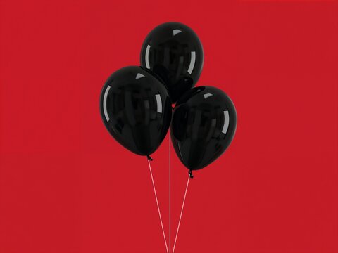 Three glossy black balloons floating on a vibrant red background. Minimalist 3D render illustration. - Powered by Adobe