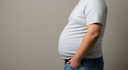 Side profile of overweight man in gray t-shirt and jeans, Obese male body shape against neutral beige background, Casual pose of man with large abdomen and hands in pockets, Studio shot focusing on bo