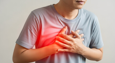 Close-up of person clutching chest with red pain highlight, Adult experiencing chest discomfort in studio shot, Heart pain or cardiac symptom concept with digital emphasis, Person showing upper torso 