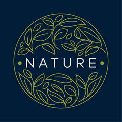 Fototapeta premium Elegant Nature Logo with Circular Leafy Ornament and Golden Lines.