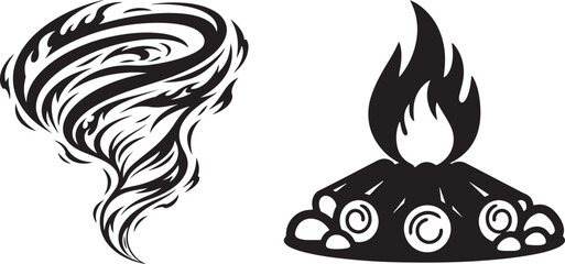 Stylized Black White Tornado Swirl and Campfire Flame Icons