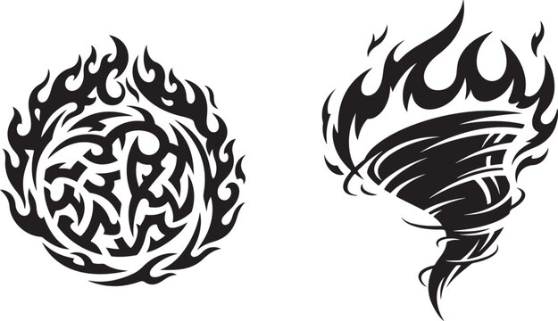 Tribal Flame Circle and Flaming Tornado Vector Design Elements