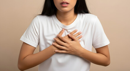 Young woman clutching chest in discomfort or pain, Mid-close-up of female experiencing chest pain, Woman holding hands over chest against neutral background, Studio shot conveying distress and health 