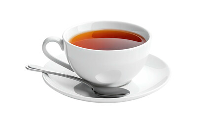 Cup of tea White cup with tea on a saucer with a spoon, isolated on a transparent background