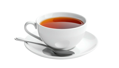 Cup of tea White cup with tea on a saucer with a spoon, isolated on a transparent background