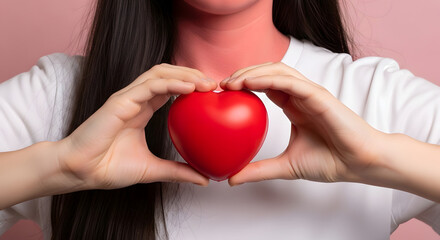 Close-up of young woman holding red heart against pink background, Studio shot of hands cradling heart symbol, Mid-chest portrait with white t-shirt and heart prop, Symbolic image of love and care wit