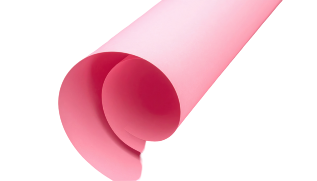 A curled sheet of solid light pink paper on a black background. Soft lighting highlights its gentle curves