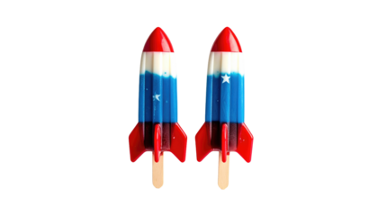 Two rocket-shaped popsicles with red, white, and blue colors on a black background