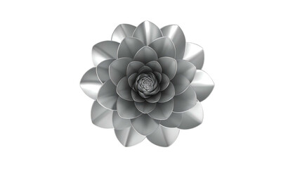 Silver metallic flower with layers of petals on a black background, top-down, creating a symmetrical abstract