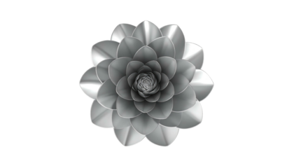 Silver metallic flower with layers of petals on a black background, top-down, creating a symmetrical abstract