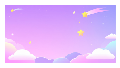 Whimsical pastel sky with fluffy clouds and twinkling, shooting stars creating a dreamy, celestial cartoon scene