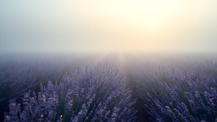 Peaceful lavender field in soft morning mist, gentle sunlight through fog, dew on petals, pastel colors, serene natural landscape, ultra-realistic texture, ideal for nature and wellness themes.