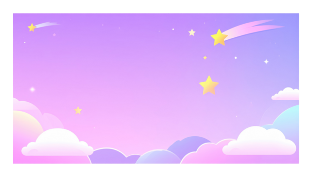 Whimsical pastel sky with fluffy clouds and twinkling, shooting stars creating a dreamy, celestial cartoon scene
