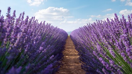 Obraz premium Beautiful lavender field with narrow path under bright blue sky, sunlight touching purple blooms, peaceful rural landscape, natural texture, realistic detail, perfect for nature and travel design.