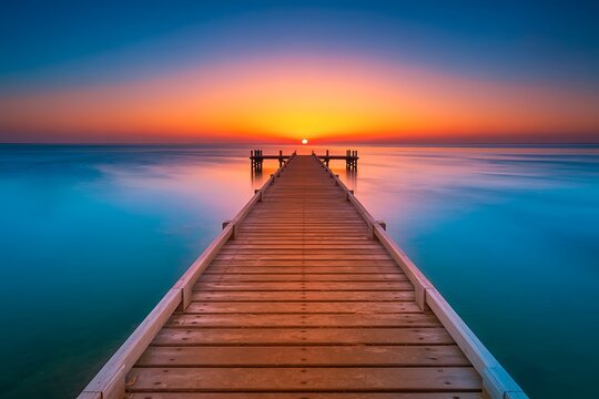 Wooden pier extending into the ocean at sunset with vibrant orange and blue sky jetty dock - Powered by Adobe