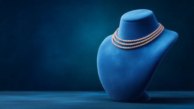 Elegant gold tone necklace exquisitely displayed on mannequin bust for high end jewelry showcase and e commerce photography.