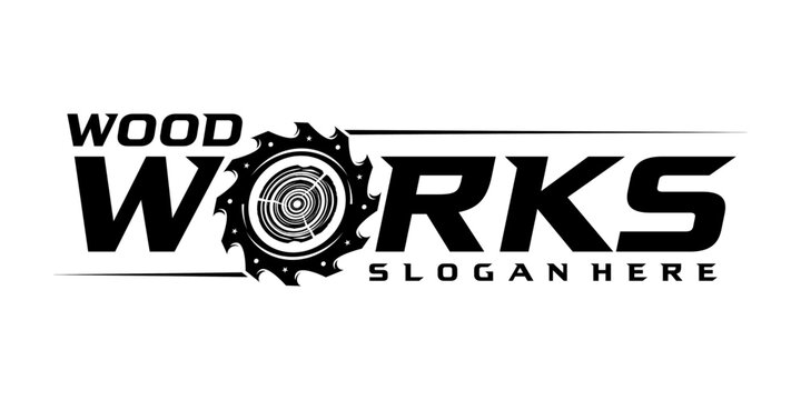 Wood Works Logo Design with Saw Blade Icon for Carpentry Business.