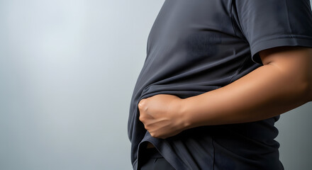 Close-up of person pinching t-shirt at waist, Midsection shot highlighting body fabric and weight, Adult gripping excess shirt fabric in dark gray t-shirt, Studio image emphasizing torso and clothing 