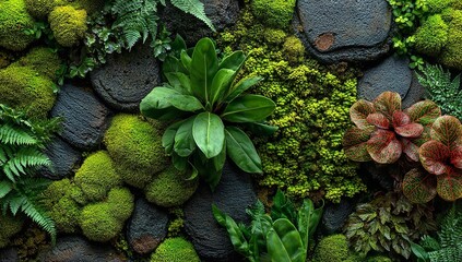 Lush green moss garden with vibrant plants and textured rocks creates a soothing natural backdrop or a calming biophilic design element
